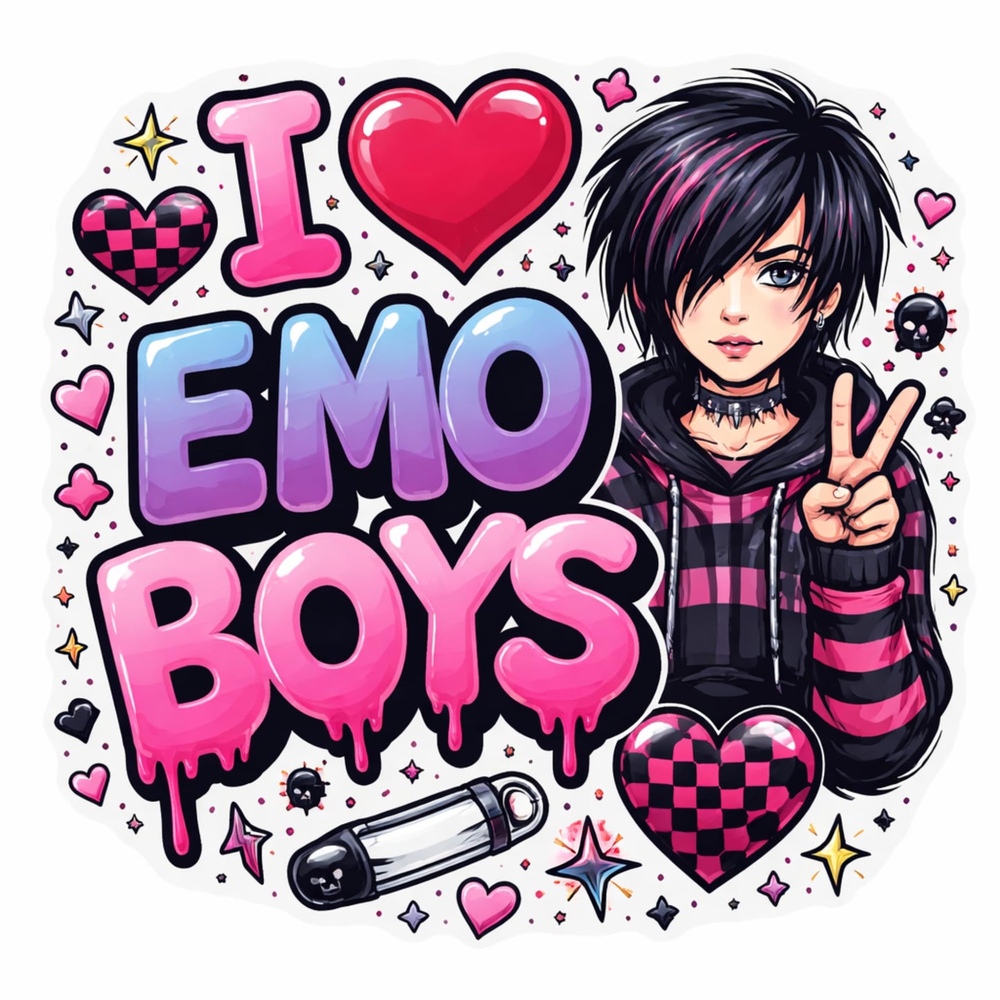 I Love Emo Boys Stickers 3 Pack, 3 Inch Waterproof Vinyl Stickers, Glossy Finish, Emo Aesthetic Decorations for Laptop, Water Bottle, Phone, Notebook, Car