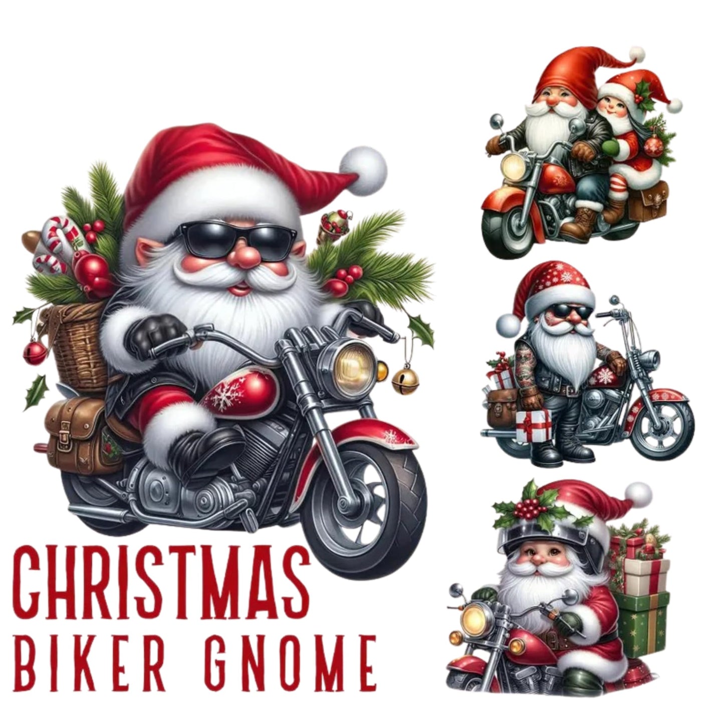 Christmas Biker Gnome Motorcycle Santa Stickers, Premium Vinyl Holiday Decals, 15 Pack, 3 Inch UV Resistant Decorative Stickers for Gifts, Laptops, Toolboxes