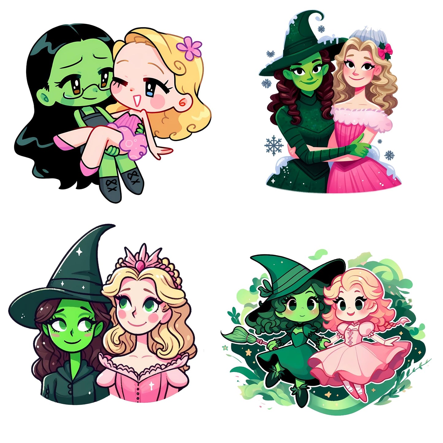 Magical Friends Art Sticker Collection, Anime Style Fantasy Characters, 4 Piece Waterproof Vinyl Decal Set, 3 Inch, Pink and Green Theme, for Laptops, Water Bottles, Notebooks