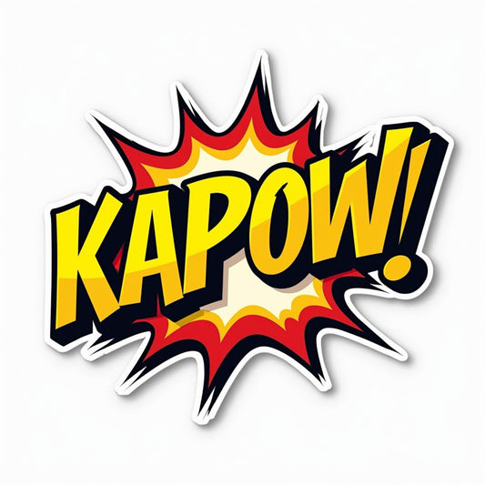 Comic Book Style Kapow Vinyl Sticker, Superhero Design, Yellow and Red