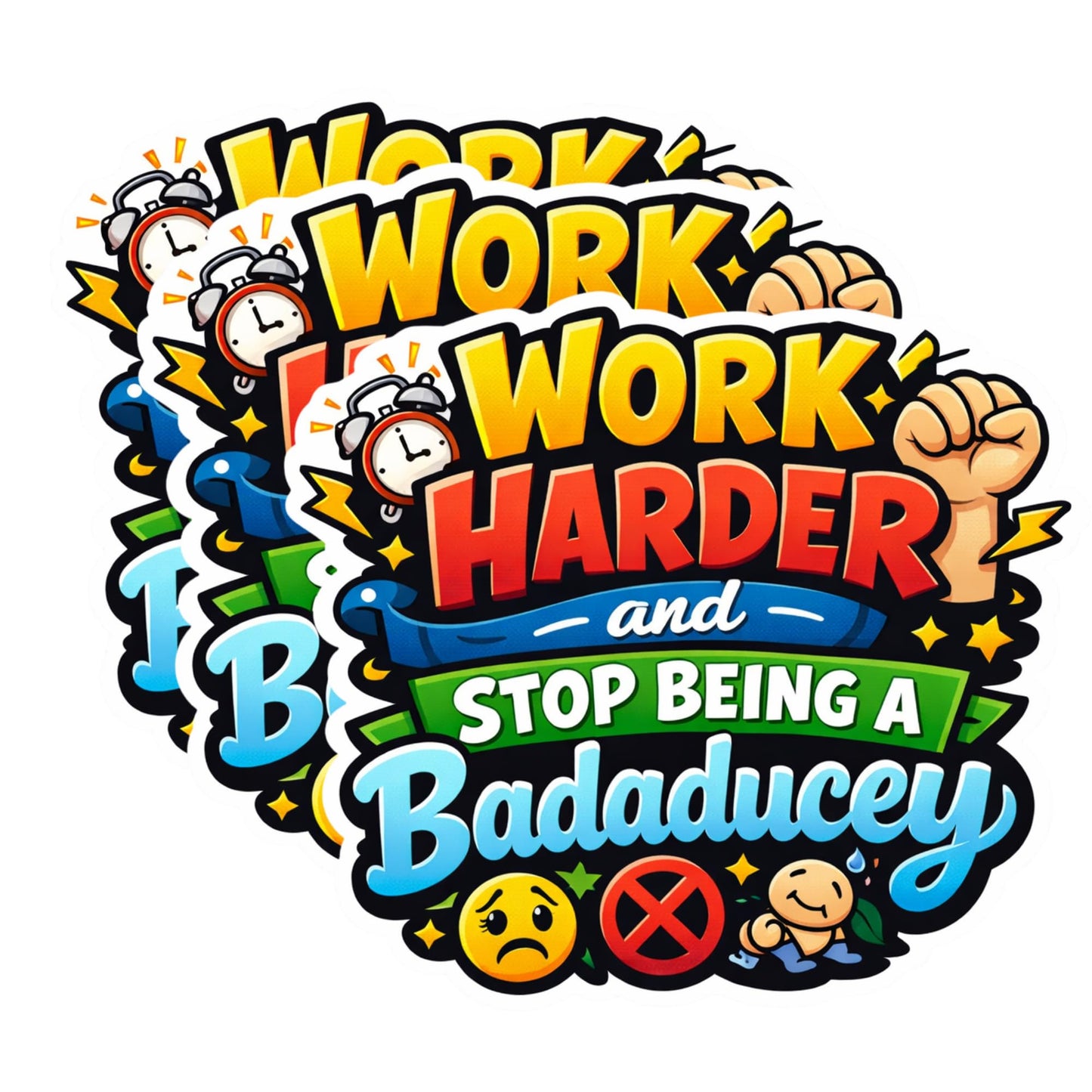 Work Harder and Stop Being a Badaducey Sticker, Multicolor, Vinyl, 3 Inch, Cartoon Style, Motivational Theme, 3 Pack