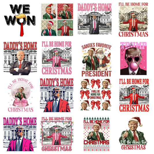 Trump Holiday Sticker Pack, 16 Christmas Themed Vinyl Stickers, Waterproof UV Resistant Patriotic Stickers, Perfect for Stocking Stuffers, Presents and Festivities