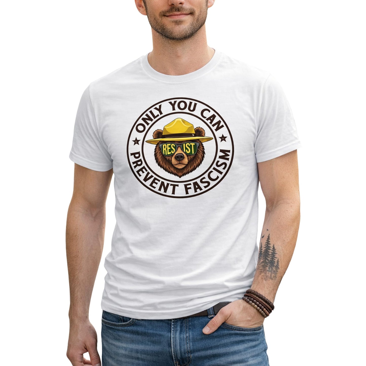 RockPaperStikrz Only You Can Prevent Fascism Bear Graphic Tee, Men's 100% Cotton T-Shirt, White, Crew Neck, Short Sleeve