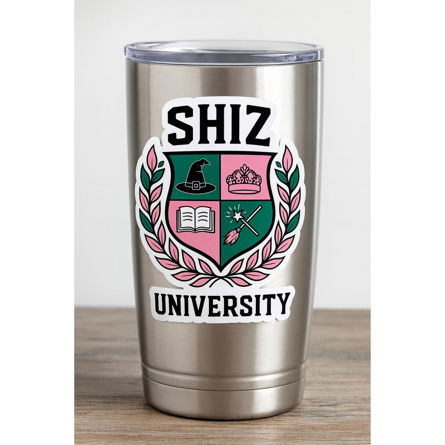 Shiz University Sticker – Wicked Inspired Vinyl Decal - Pink & Green Magical Crest Design | College Style Fantasy Gift for Fans, Laptops, Tumblers & Notebooks