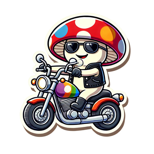 Cartoon Mushroom Motorcycle Sticker, Vinyl Decal, Cool Biker Design by RockPaperStikrz
