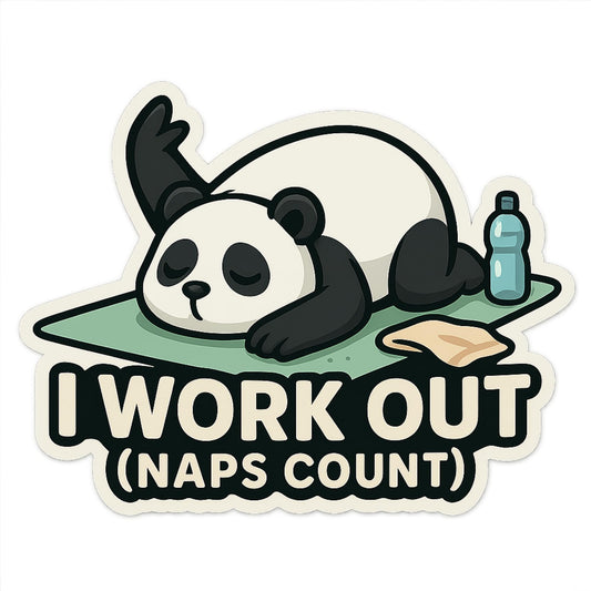 I Work Out (Naps Count) – Lazy Gym Panda Vinyl Sticker, Yoga & Fitness Humor 5 Inch Decal
