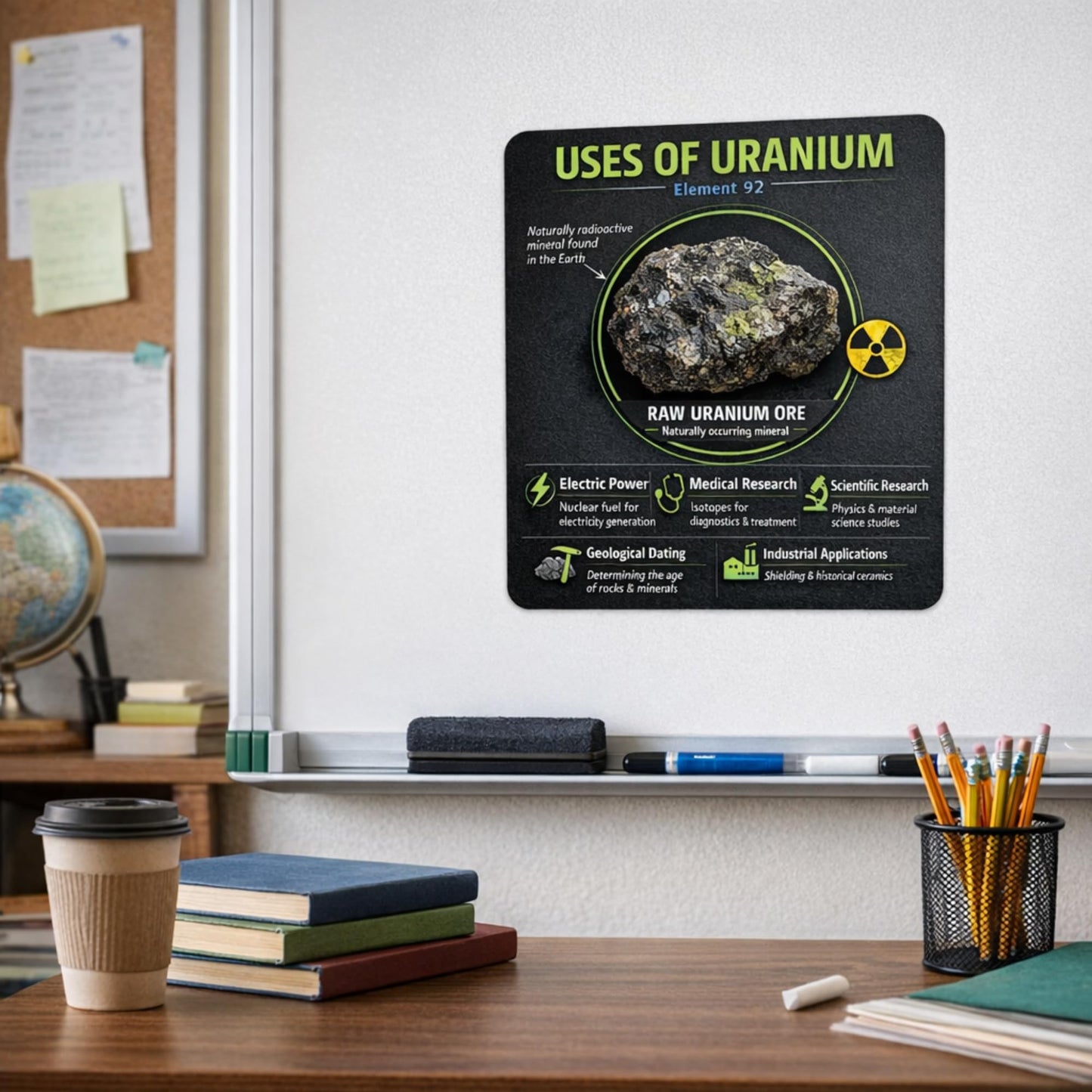Uses of Uranium Sticker, Educational Science Infographic Vinyl Decal, Element 92 Uranium Ore Illustration, 5 Inch UV Resistant