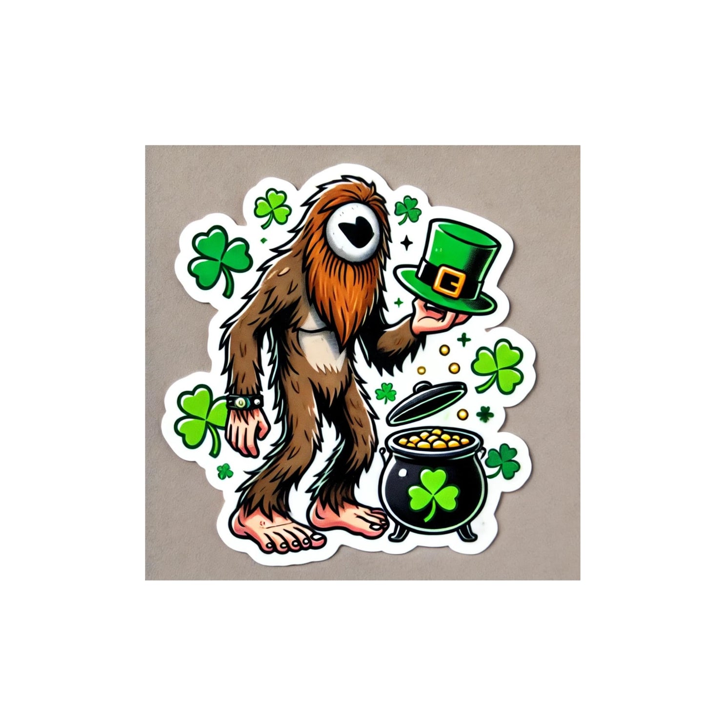 St. Patrick's Day Bigfoot Sticker, Irish Leprechaun Monster Vinyl Decal with Shamrocks and Pot of Gold. by RockPaperStikerz