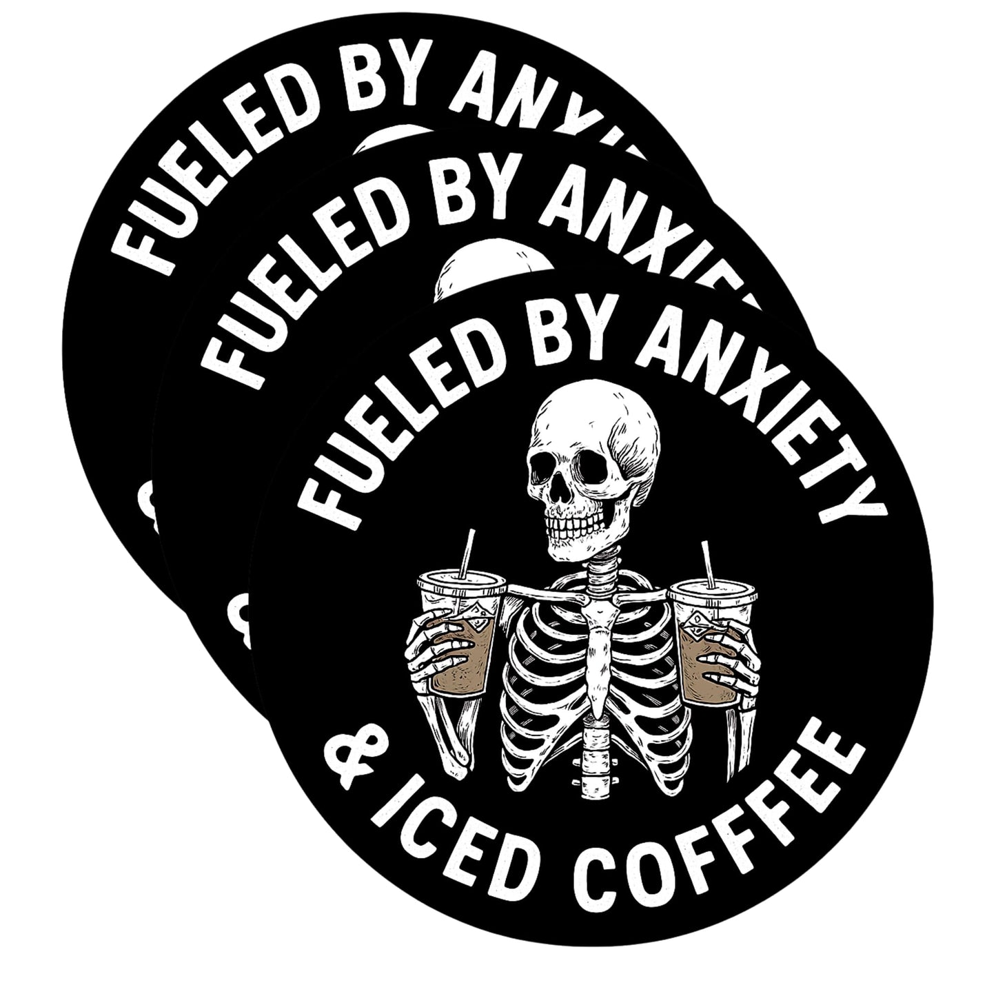 Fueled by Anxiety & Iced Coffee Vinyl Sticker, Black and White Skeleton Design, Multiple Sizes 2-5 Inch, Matte Finish Decal for Laptops, Water Bottles, Car, Journal