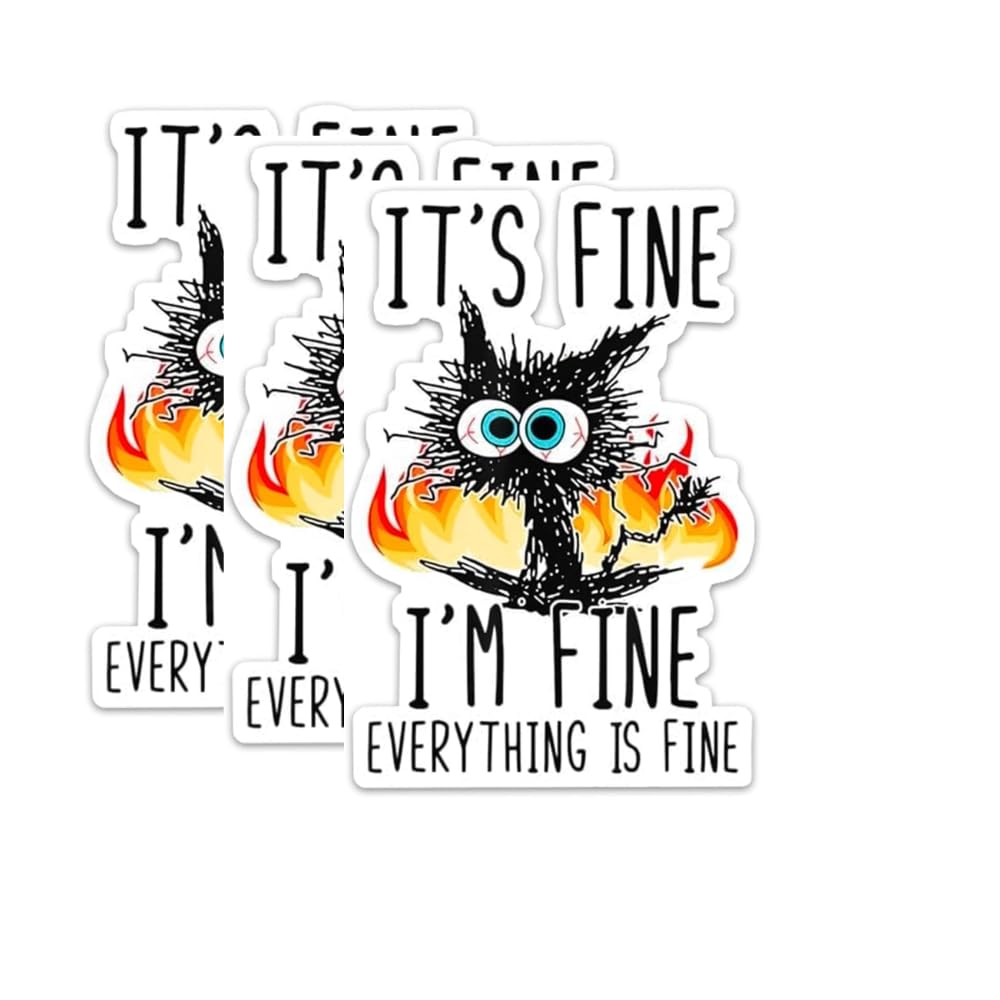Funny Cat Sticker, It's Fine Everything is Fine Design, Vinyl Decal with Flames (x3) by RockPaperStikerz