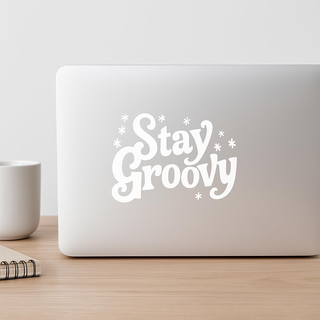 Stay Groovy Decal – 7" x 5.5" White Retro Vinyl Sticker for Cars, Laptops, Water Bottles – 70s Aesthetic Hippie Design