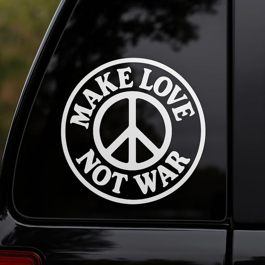 Make Love Not War Peace Sign Vinyl Decal, 8 inches, White, Retro Badge Design