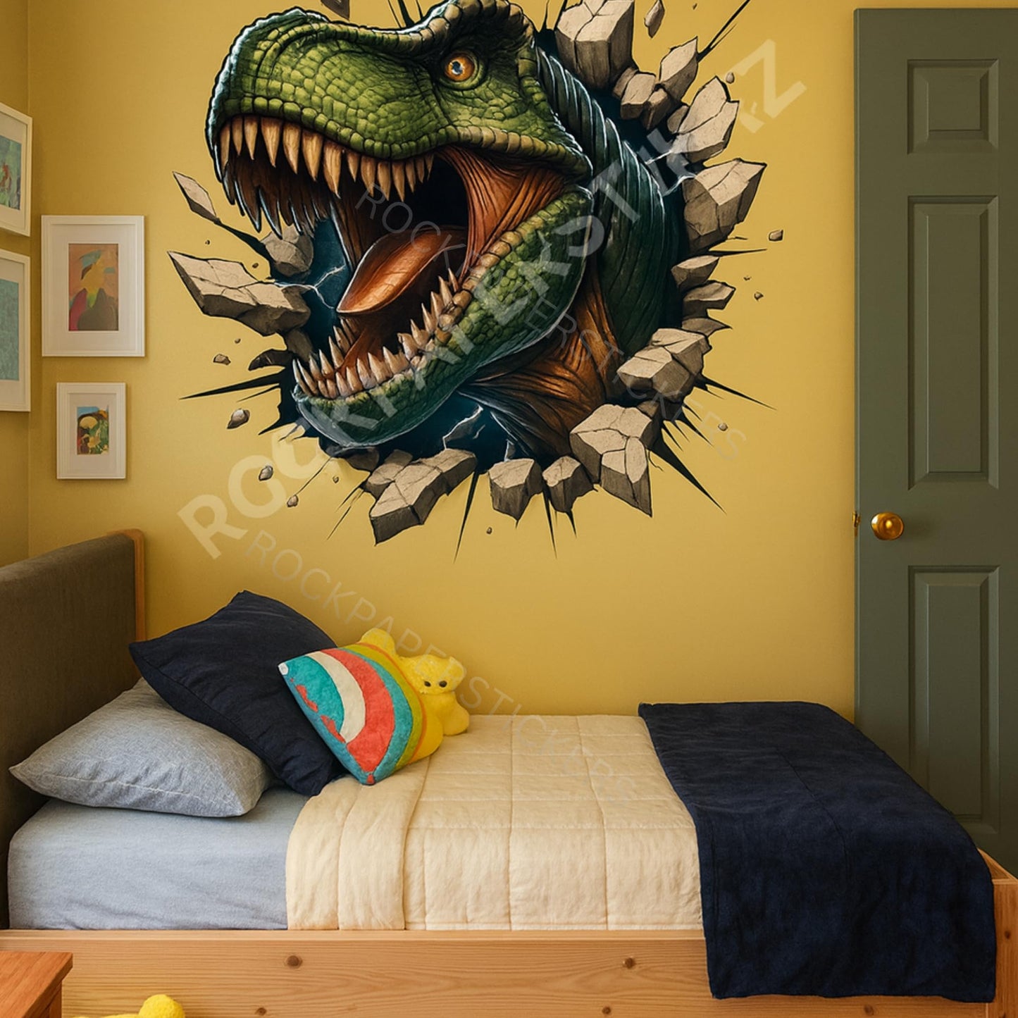 3D T-Rex Dinosaur Wall Decal, 20 Inch Breakthrough Design, Large Vinyl Sticker for Kids Bedroom, Playroom Wall Art Decor