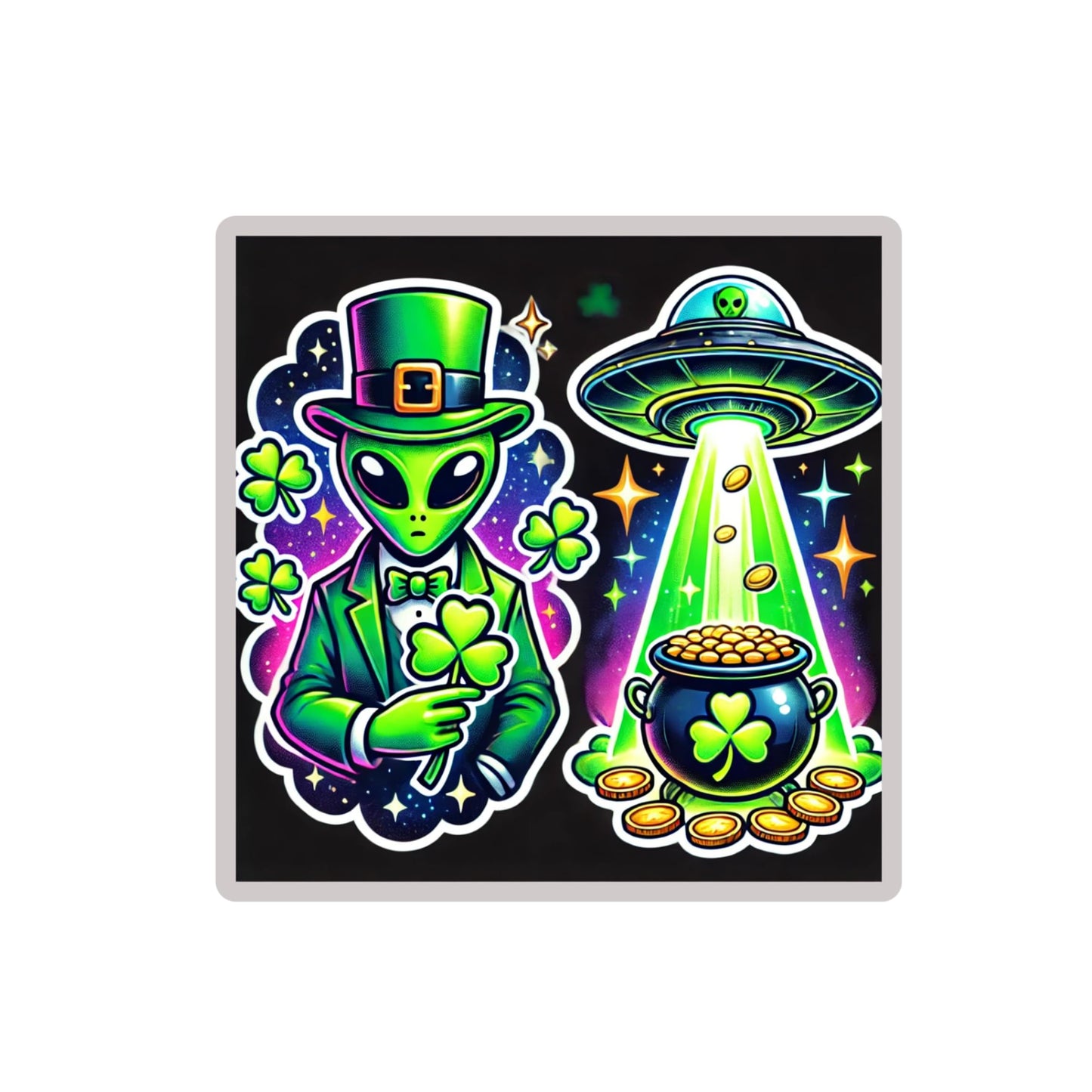 St. Patrick's Day Alien Sticker Set, Leprechaun UFO Design, Holographic Space Theme, by RockPaperStikerz