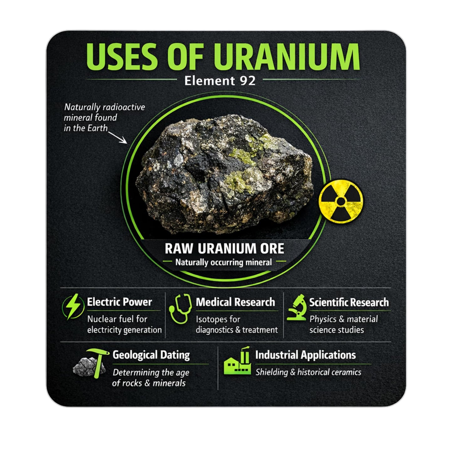 Uses of Uranium Sticker, Educational Science Infographic Vinyl Decal, Element 92 Uranium Ore Illustration, 5 Inch UV Resistant