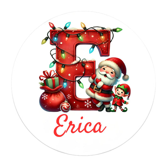 Personalized Christmas Santa Initial Stickers, Custom Sizes Starting at 2 Inch - Round Holiday Name Labels with Festive Lights Design, Custom Gift Tags - 20 Stickers - Christmas Fonts