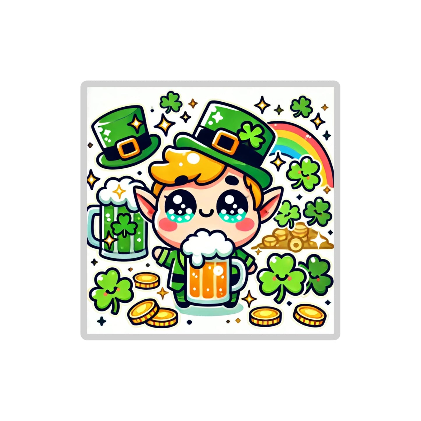St. Patrick's Day Kawaii Leprechaun Sticker, Cute Kawii Irish Design with Shamrocks and Beer by RockPaperStikerz