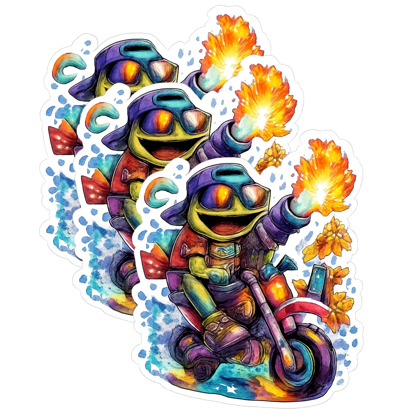 Frog Dirt Bike Sticker Pack, 3 Inch Funny Cartoon Frog with Flamethrower, Waterproof Vinyl Decal for Phone Laptop Water Bottle, 3 Pack