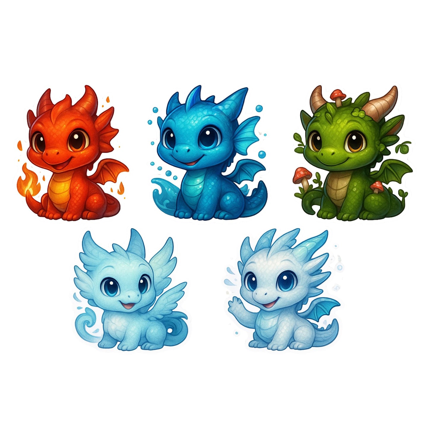 Elemental Baby Dragon Sticker Pack – 5 Adorable 3-Inch Vinyl Decals (Fire, Water, Earth, Air, and Ice Dragons)