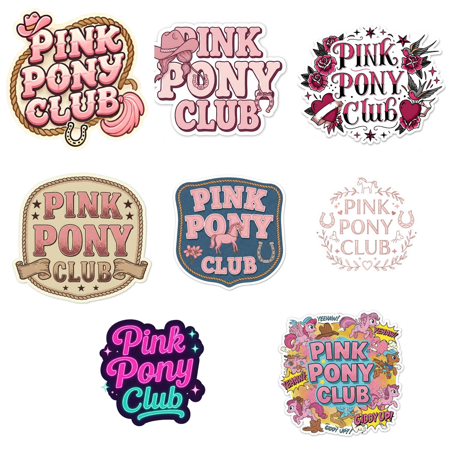 Pink Pony Club Vinyl Sticker Set, 8 Pieces, 3 Inch