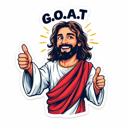 Smiling Jesus G.O.A.T. Sticker - Thumbs Up Messiah Cartoon Vinyl Decal (3 Inch)