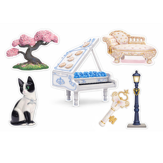 Porcelain Aesthetic Sticker Pack, 6 Piece Vinyl Stickers Set, 3 Inch Vintage Cottagecore Waterproof Decals, Piano Cat Tree Key Lamp Couch Designs for Laptops Water Bottles Journals