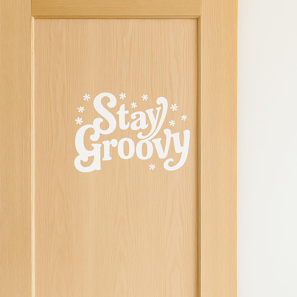 Stay Groovy Decal – 7" x 5.5" White Retro Vinyl Sticker for Cars, Laptops, Water Bottles – 70s Aesthetic Hippie Design