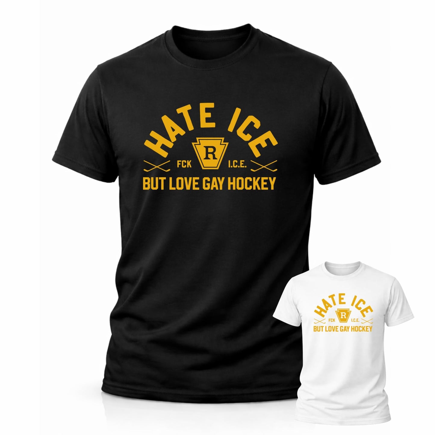 Hate ICE But Love Gay Hockey Graphic T-Shirt, Unisex Cotton Crew Neck Tee, Short Sleeve Sports Fan Shirt Black