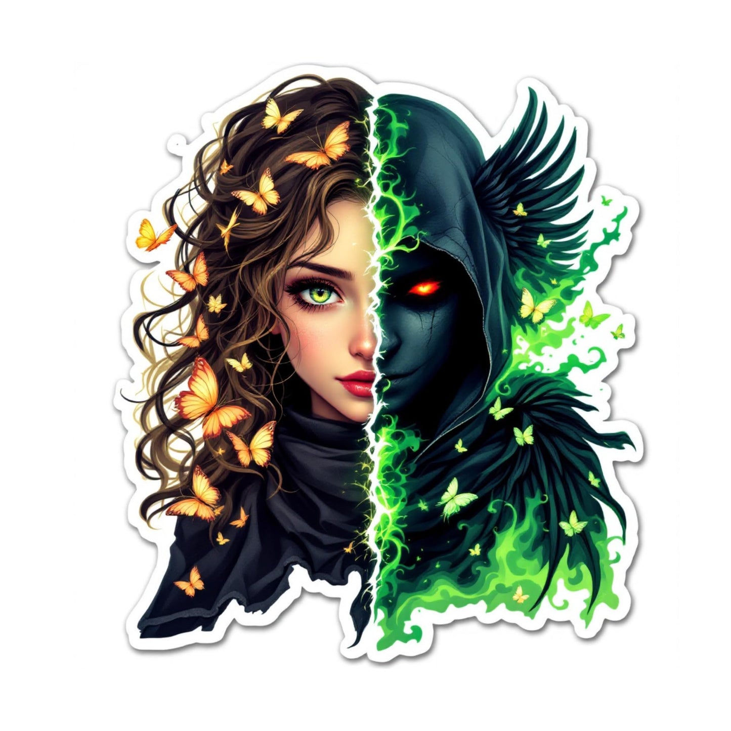 Gothic Fantasy Split Art Vinyl Sticker, Light and Dark Duality Design, 3 x 2.65 inches