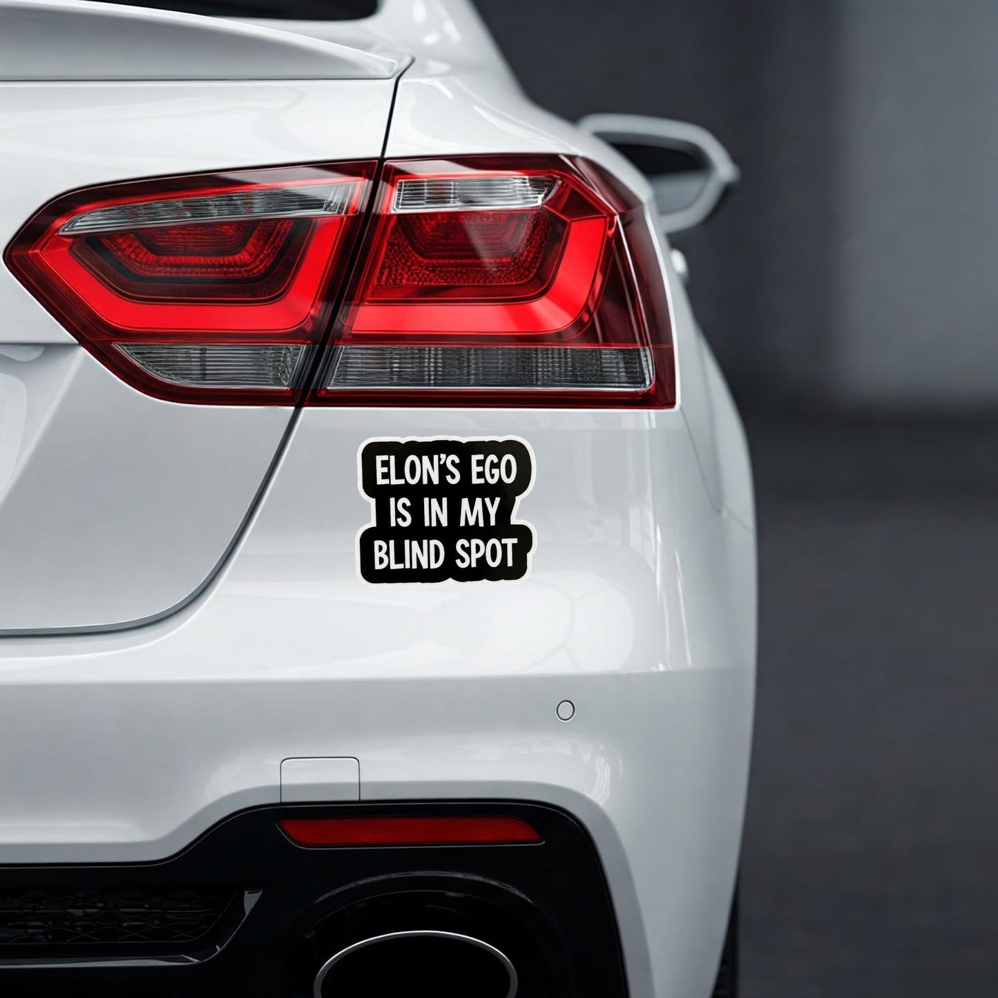 Funny Tesla Bumper Sticker, Elon's Ego Blind Spot Design, 5 x 3.5 inch, Black and White Vinyl