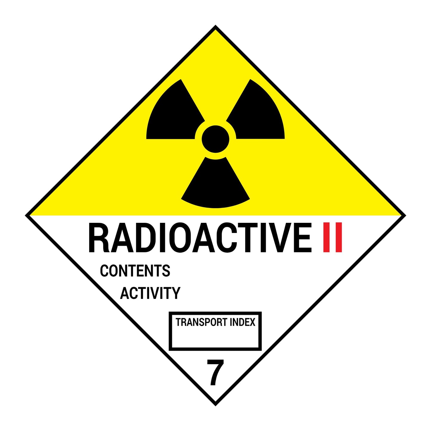 Radioactive II Class 7 Placard – 10.75” Hazard Warning Label – Yellow & White Split Diamond Safety Sticker for Transport & Warehouse Use – Industrial Grade Cast Vinyl with UV Laminate