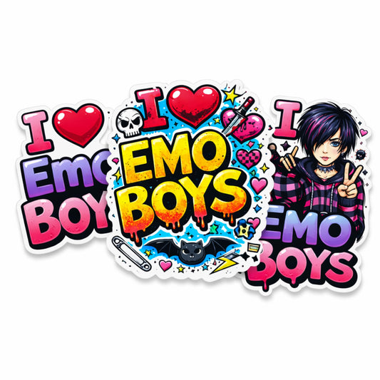 I Love Emo Boys Stickers 3 Pack, 3 Inch Waterproof Vinyl Stickers, Glossy Finish, Emo Aesthetic Decorations for Laptop, Water Bottle, Phone, Notebook, Car