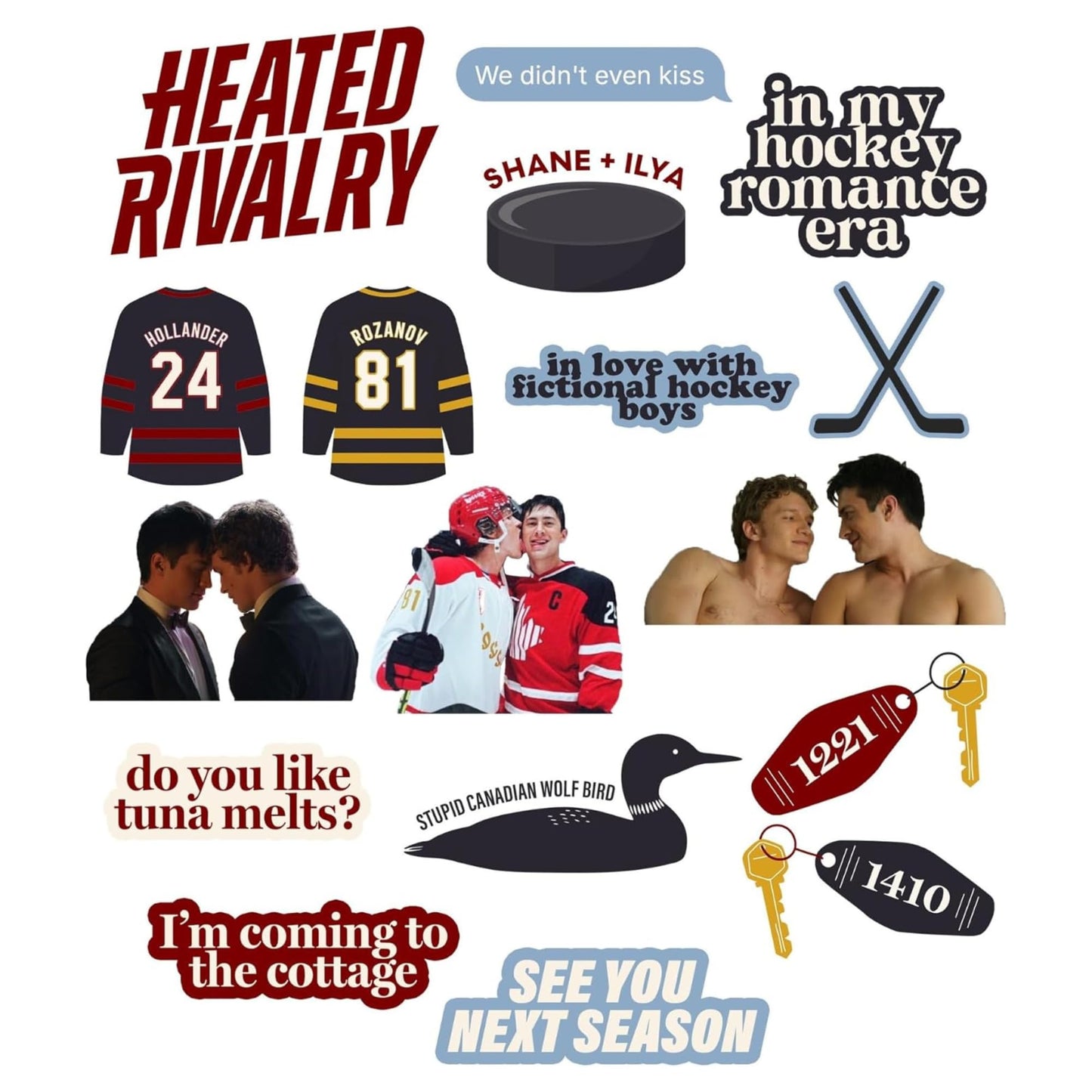 Hockey Romance Sticker Pack, 15 Vinyl Waterproof Stickers, 3 Inch Die Cut Decals for Laptops, Phones, Water Bottles