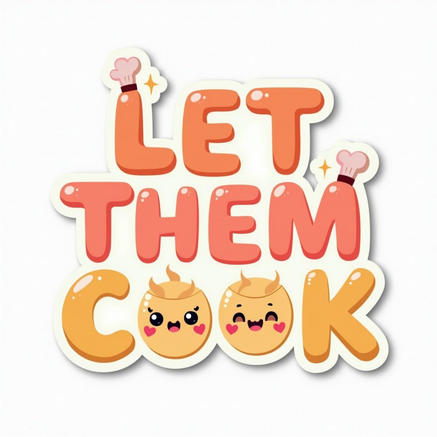 Let Them Cook Sticker – Cute Kawaii Food Edition with Smiley Faces and Chef Hats, 3 Inch Vinyl Sticker