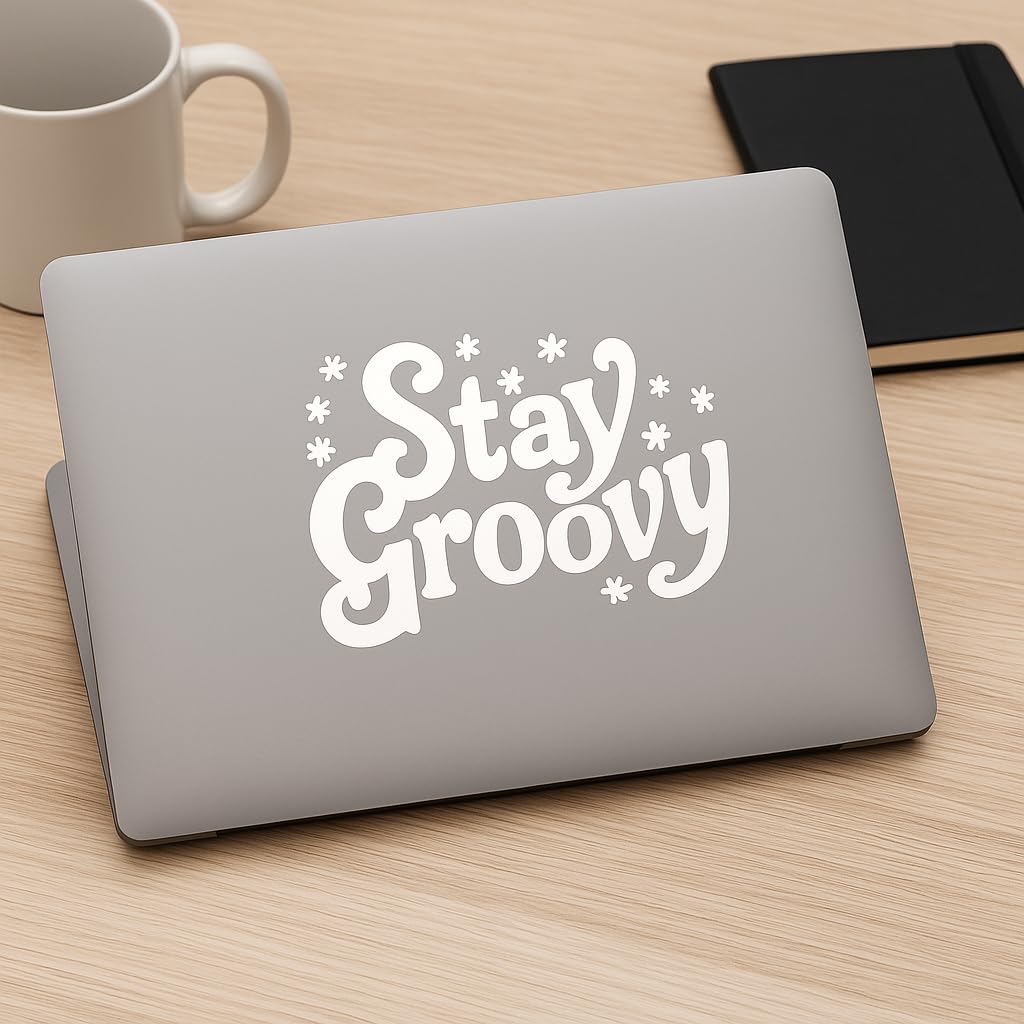 Stay Groovy Decal – 7" x 5.5" White Retro Vinyl Sticker for Cars, Laptops, Water Bottles – 70s Aesthetic Hippie Design