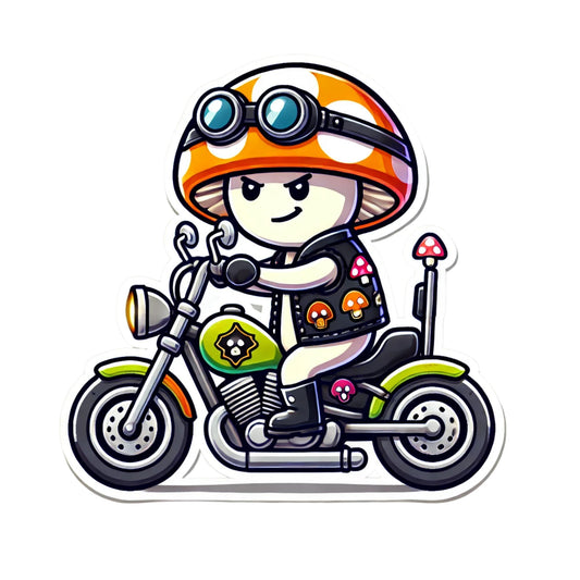 Cute Mushroom Biker Vinyl Sticker, Cartoon Character Design, Decorative Decal for Laptop and Water Bottles by RockPaperStikrz