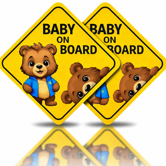 Baby On Board Car Safety Signs, Yellow Diamond Warning Stickers with Cute Bear Design, 5 x 5 Inch Weatherproof Vinyl Decals, 2 Pack