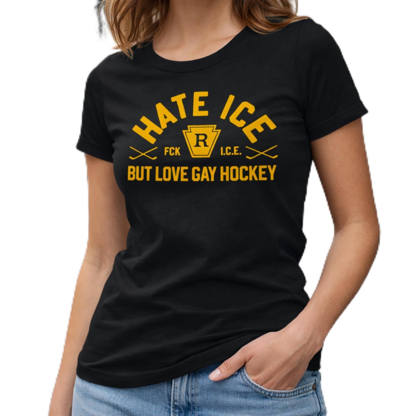 Hate Ice But Love Gay Hockey Shirt, Heated Hockey Rivalry T-Shirt, Pride Hockey Fan Tee for Women, Black Graphic Tee