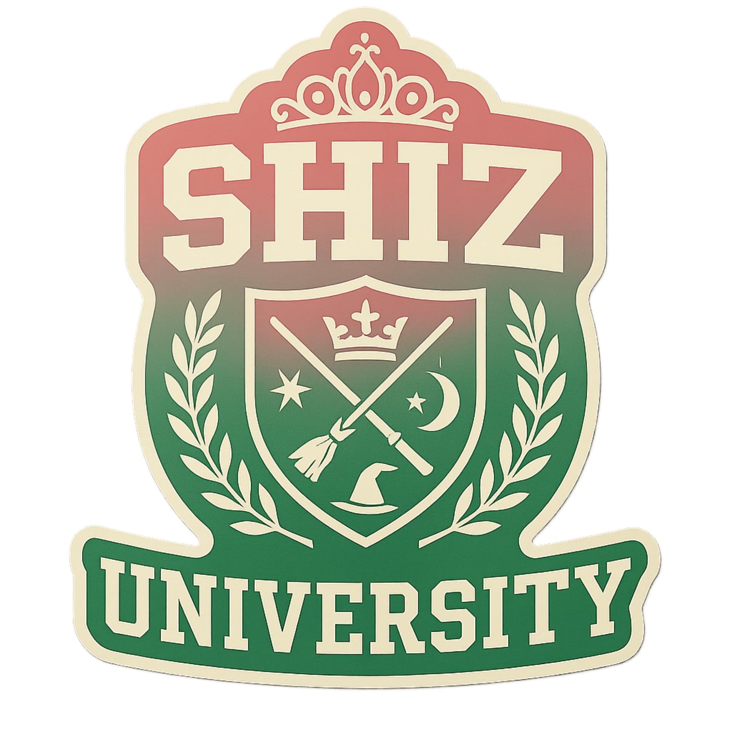 Shiz University Sticker – Pink and Green Collegiate Crest Vinyl Decal | Wicked-Inspired Fantasy University Design | 5-Inch Waterproof, UV-Resistant Premium Sticker