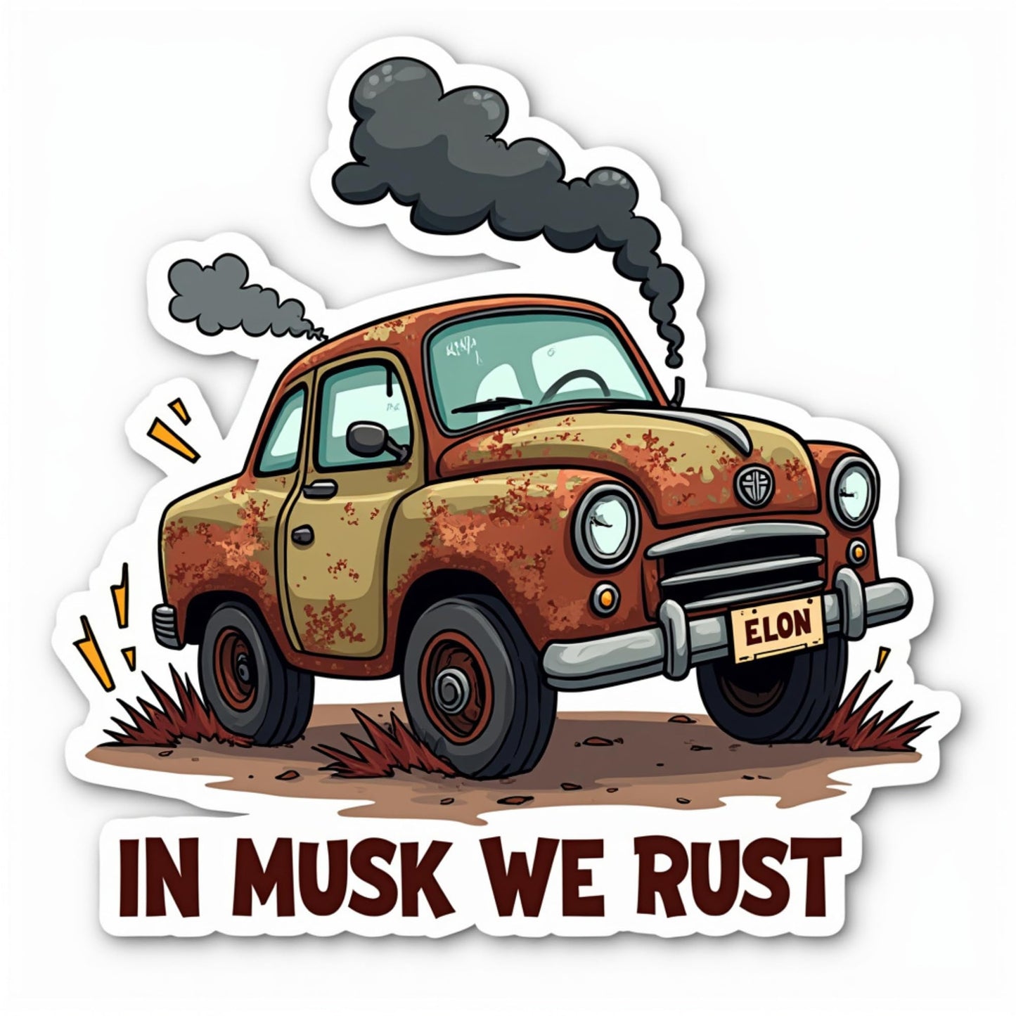 Funny Car Sticker, in Musk We Rust Design, 3 x 3.5 inches, Vinyl Decal for Laptops and Water Bottles