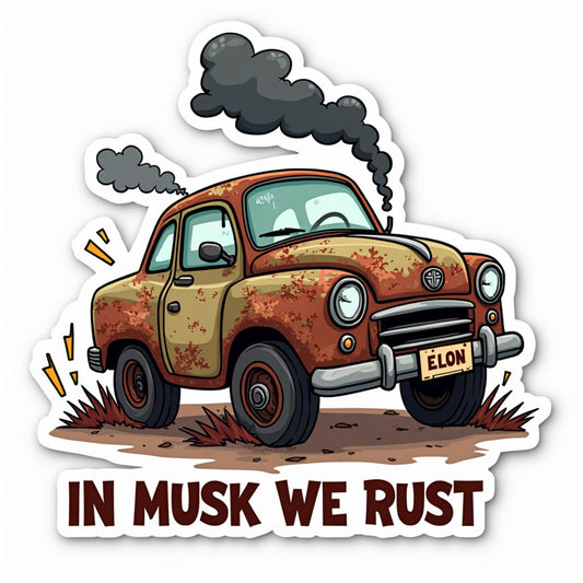 Funny Car Sticker, in Musk We Rust Design, 3 x 3.5 inches, Vinyl Decal for Laptops and Water Bottles