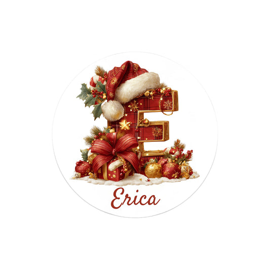 Personalized Christmas Letter Stickers – Custom Fancy Santa hat Initial Decals – Festive Red Plaid Design with Holiday Ornaments & Bows, 2 Inch –20-Pack Premium Vinyl Gift Tags