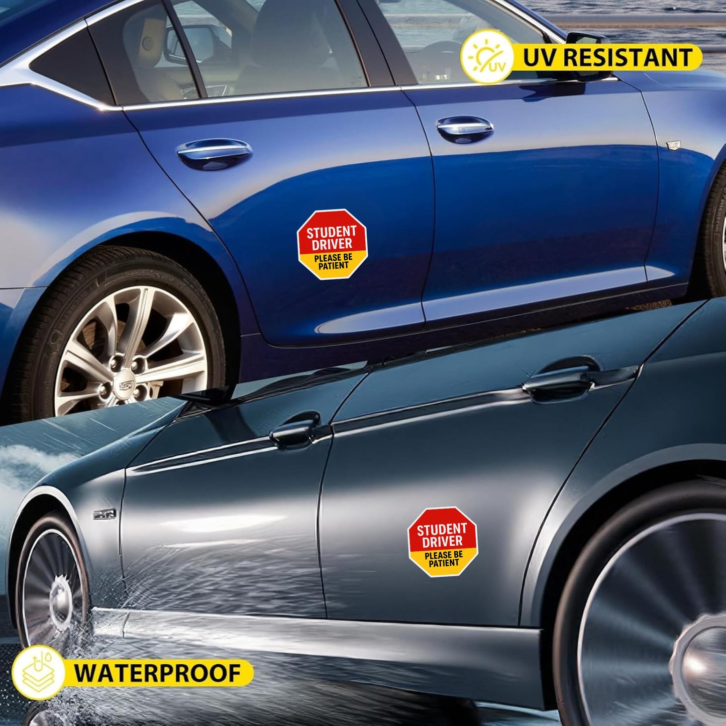 Student Driver Bumper Sticker 3-Pack – 7-Inch High-Visibility Vinyl Decals | “Student Driver – Please Be Patient” | UV Resistant, Easy Peel & Stick | Safety Caution for Cars & SUVs