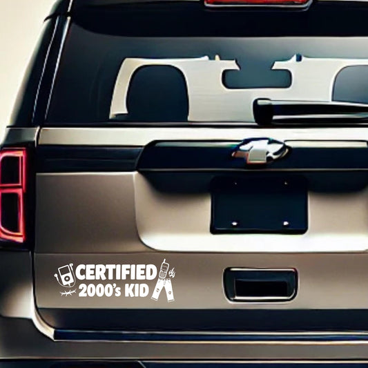 Certified 2000s Kid Vinyl Decal, Retro Y2K Nostalgia Car Decal, 7 x 4 inches, White