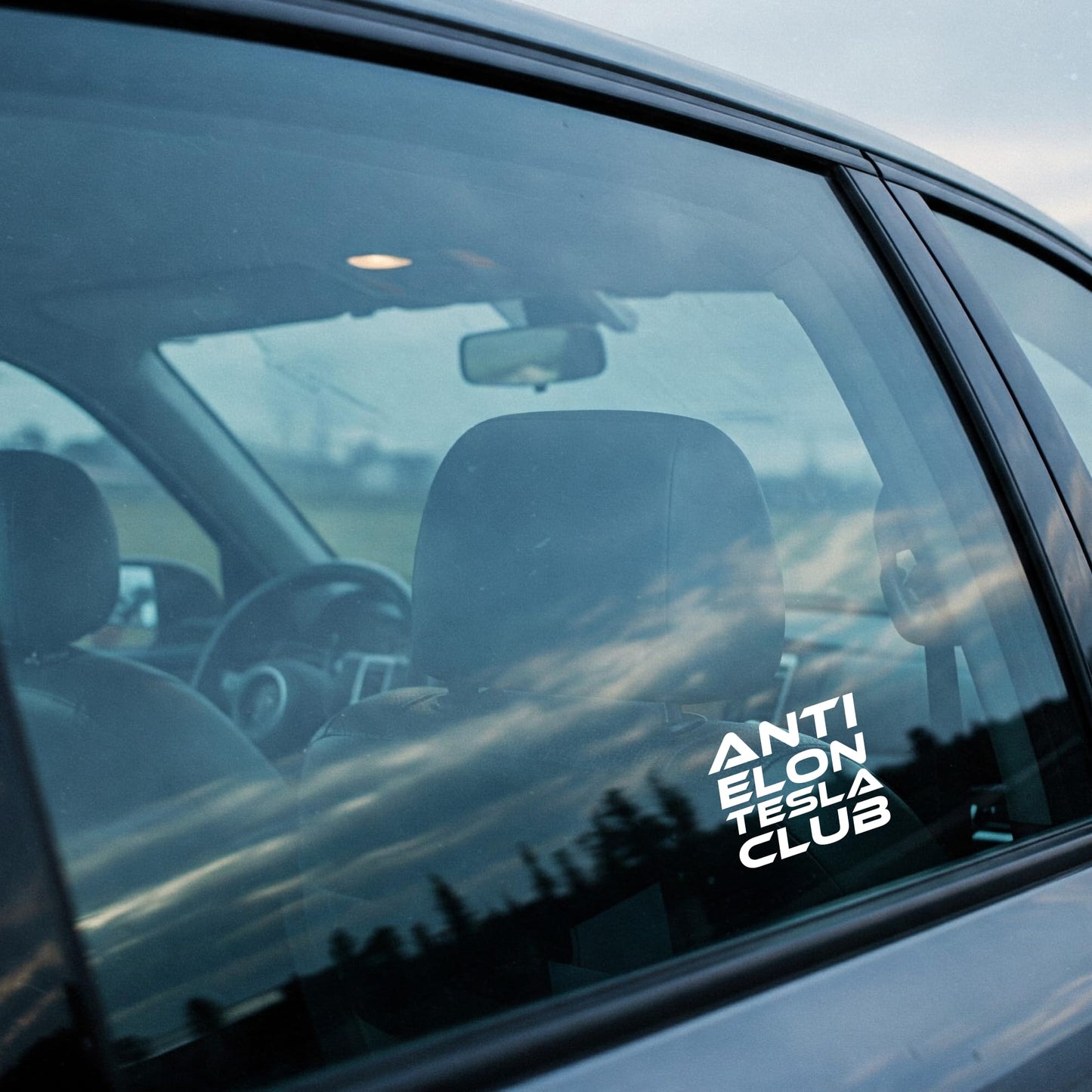 Anti Elon Tesla Club Vinyl Decal, White, 4.5 x 5.5 inches, Weatherproof