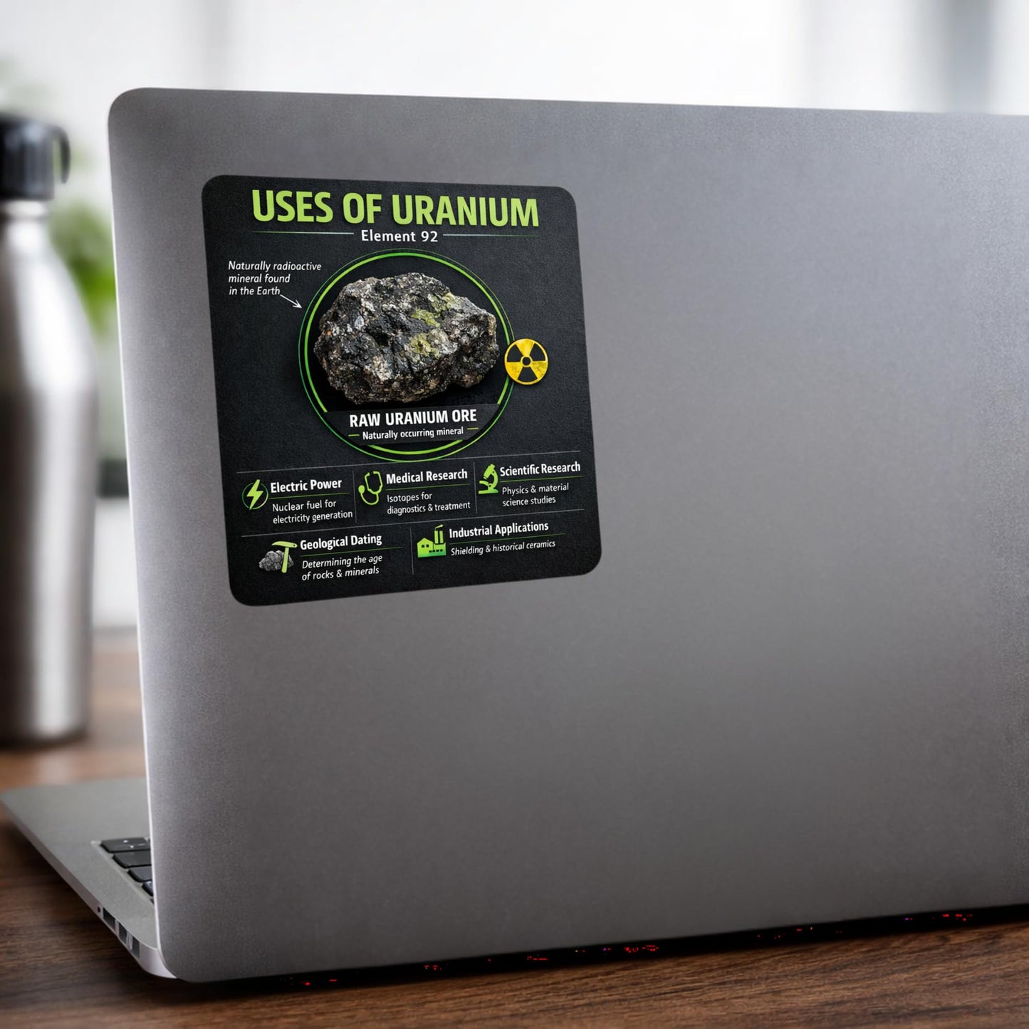 Uses of Uranium Sticker, Educational Science Infographic Vinyl Decal, Element 92 Uranium Ore Illustration, 5 Inch UV Resistant