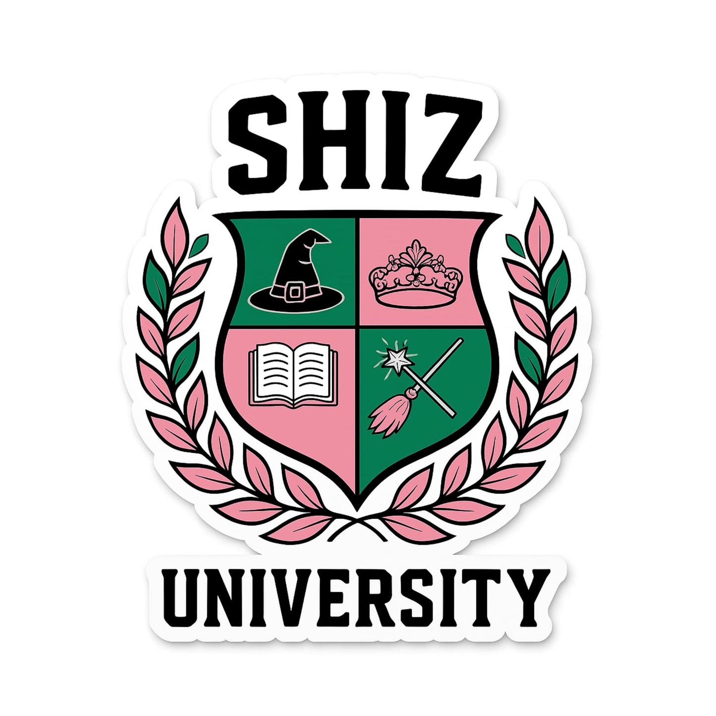 Shiz University Sticker – Wicked Inspired Vinyl Decal - Pink & Green Magical Crest Design | College Style Fantasy Gift for Fans, Laptops, Tumblers & Notebooks