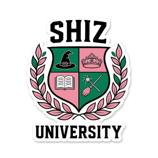 Shiz University Sticker – Wicked Inspired Vinyl Decal - Pink & Green Magical Crest Design | College Style Fantasy Gift for Fans, Laptops, Tumblers & Notebooks