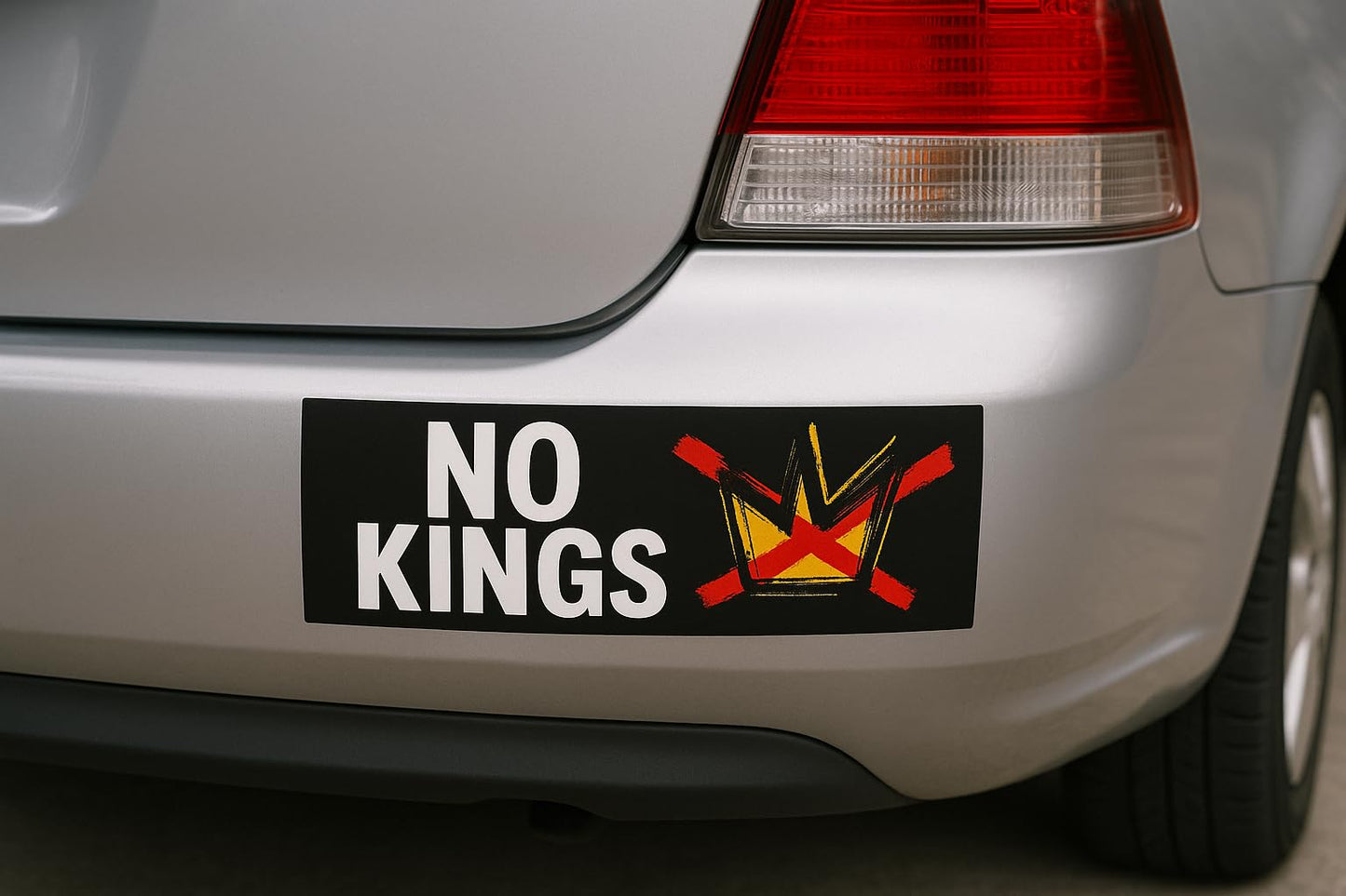 No Kings Bumper Sticker, 3x9 Inch, Matte Vinyl Car Decal, Black Background Crown Design