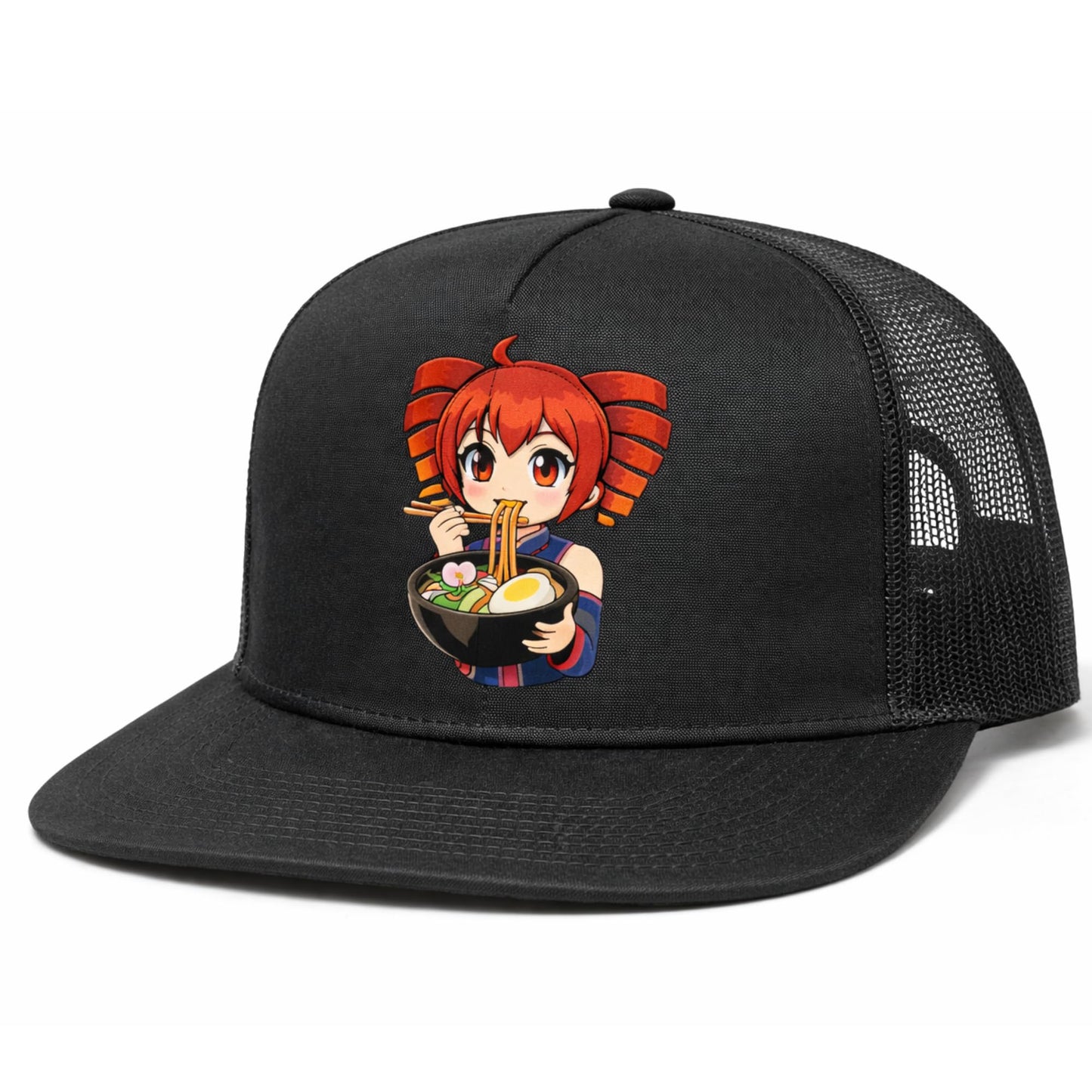 Black Trucker Snapback Hat with Ramen Time! Anime Graphic, Mesh Back, Structured Fit, Adjustable Closure